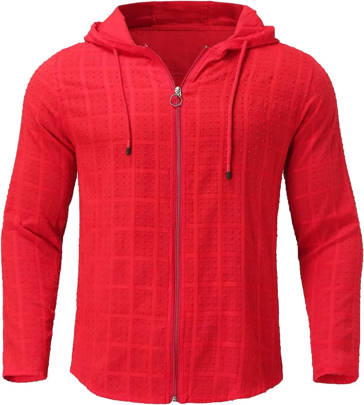 Mens Slim Fit Long Sleeve Hoodie Lightweight Full Zip Drawstring Hooded Plaid Cardigan Tops Casual Beach T Shirts