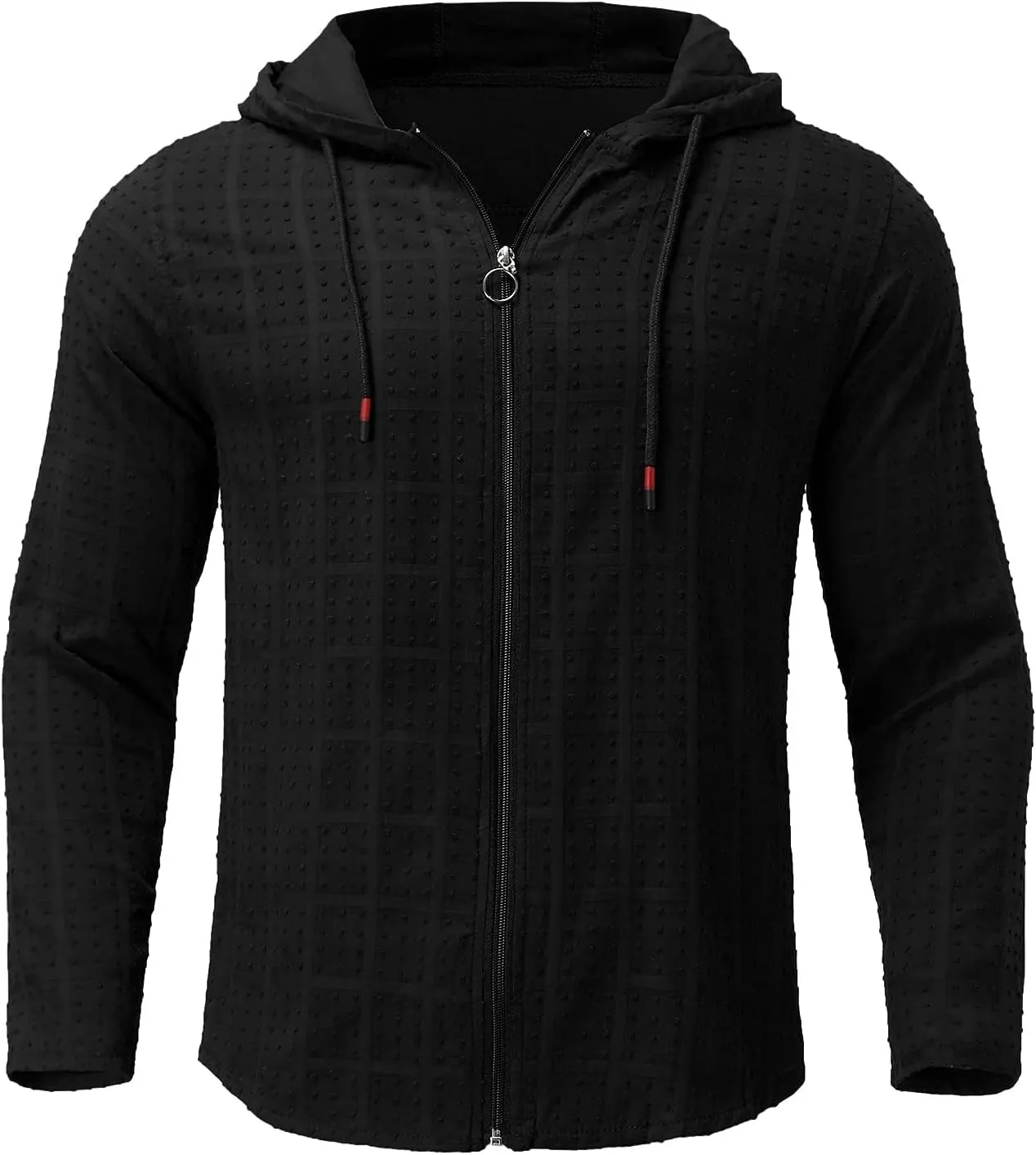 Mens Slim Fit Long Sleeve Hoodie Lightweight Full Zip Drawstring Hooded Plaid Cardigan Tops Casual Beach T Shirts