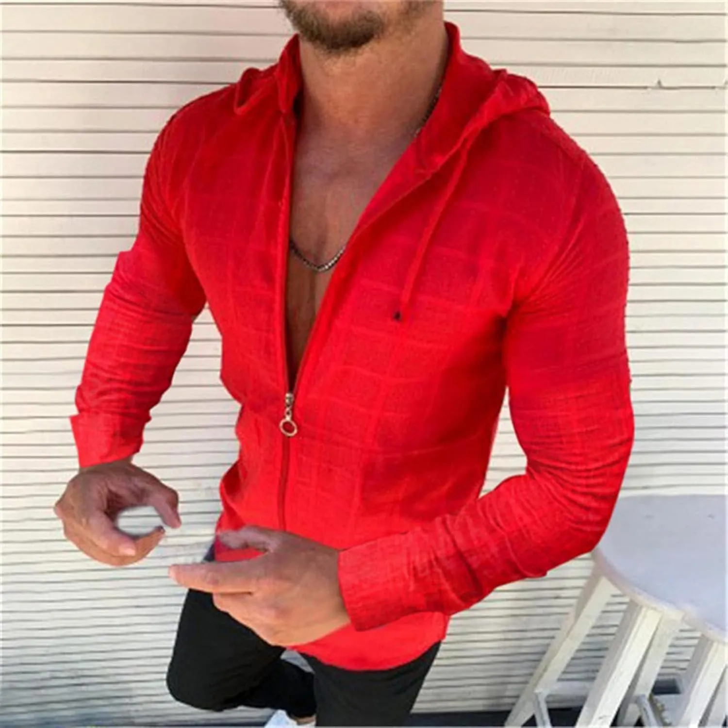 Mens Slim Fit Long Sleeve Hoodie Lightweight Full Zip Drawstring Hooded Plaid Cardigan Tops Casual Beach T Shirts