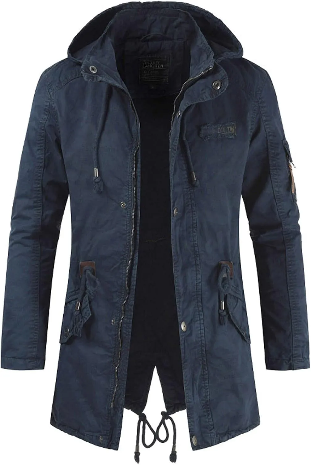 Men's Spring Military Full-Zip Removable Hooded Cotton Mid-Long Parka Jacket Coat Lightweight Cargo Outerwear