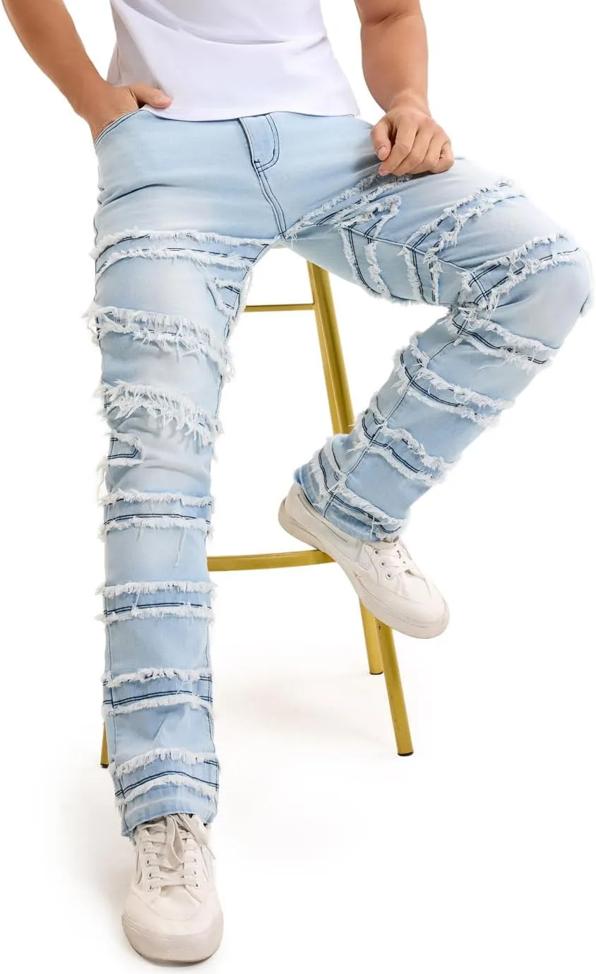 Mens Stacked Jeans Slim Fit Distressed Destroyed Ripped Stretch Flared Jeans for Men
