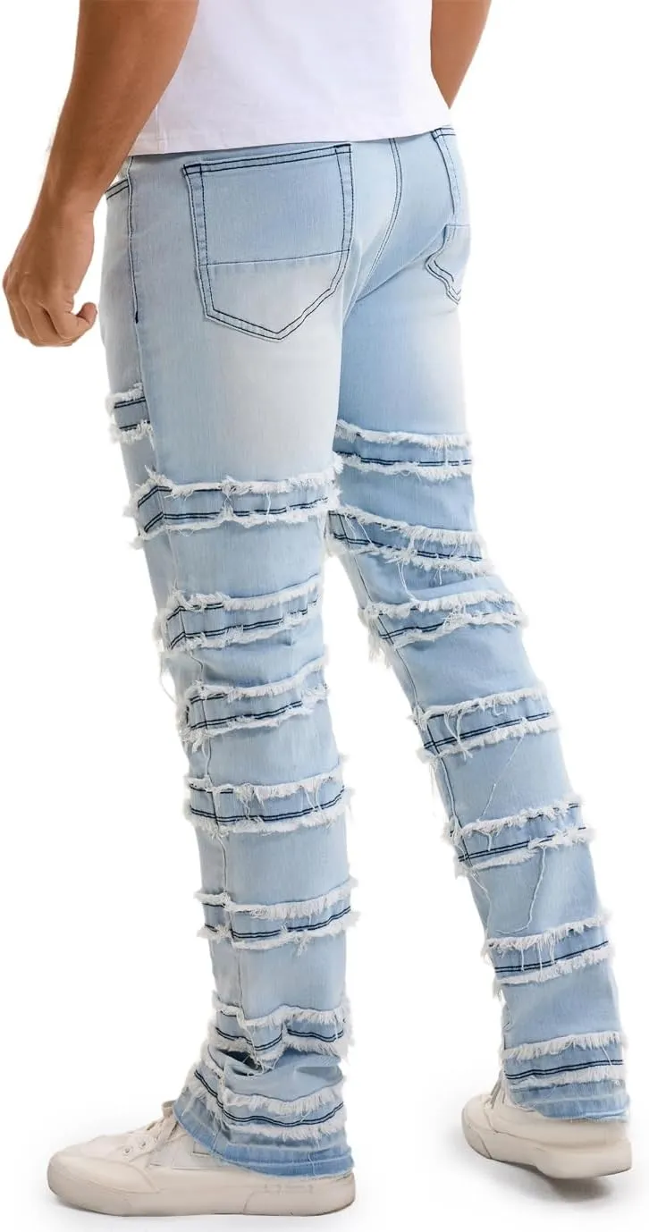 Mens Stacked Jeans Slim Fit Distressed Destroyed Ripped Stretch Flared Jeans for Men