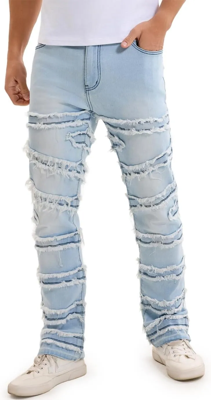 Mens Stacked Jeans Slim Fit Distressed Destroyed Ripped Stretch Flared Jeans for Men
