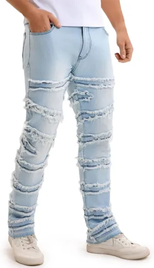 Mens Stacked Jeans Slim Fit Distressed Destroyed Ripped Stretch Flared Jeans for Men