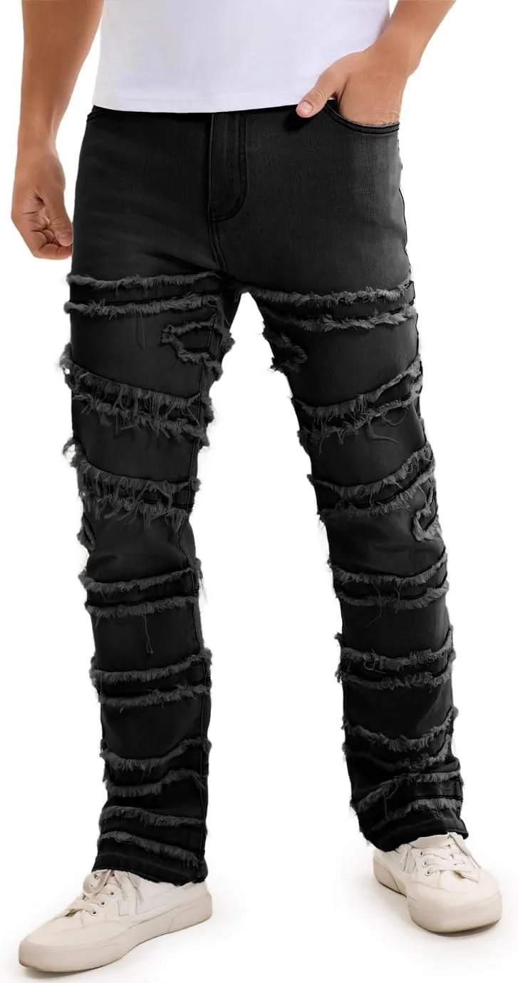 Mens Stacked Jeans Slim Fit Distressed Destroyed Ripped Stretch Flared Jeans for Men