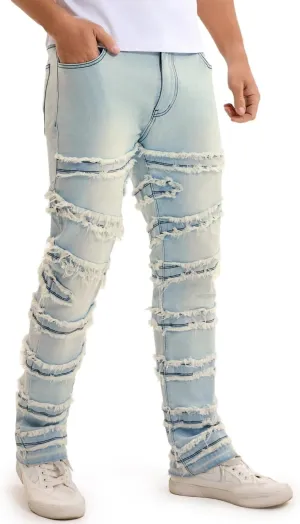 Mens Stacked Jeans Slim Fit Distressed Destroyed Ripped Stretch Flared Jeans for Men