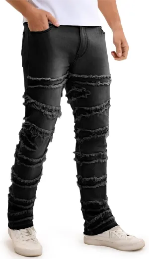 Mens Stacked Jeans Slim Fit Distressed Destroyed Ripped Stretch Flared Jeans for Men