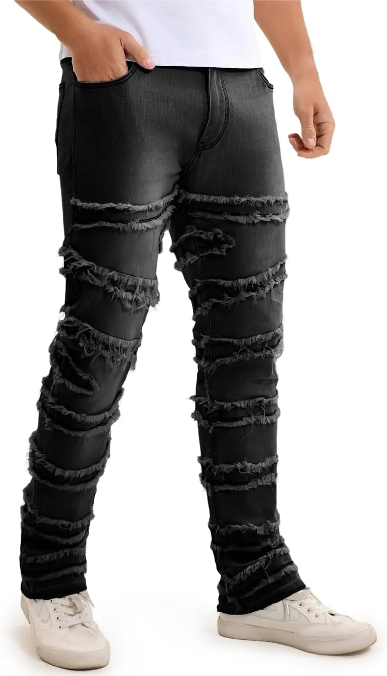 Mens Stacked Jeans Slim Fit Distressed Destroyed Ripped Stretch Flared Jeans for Men