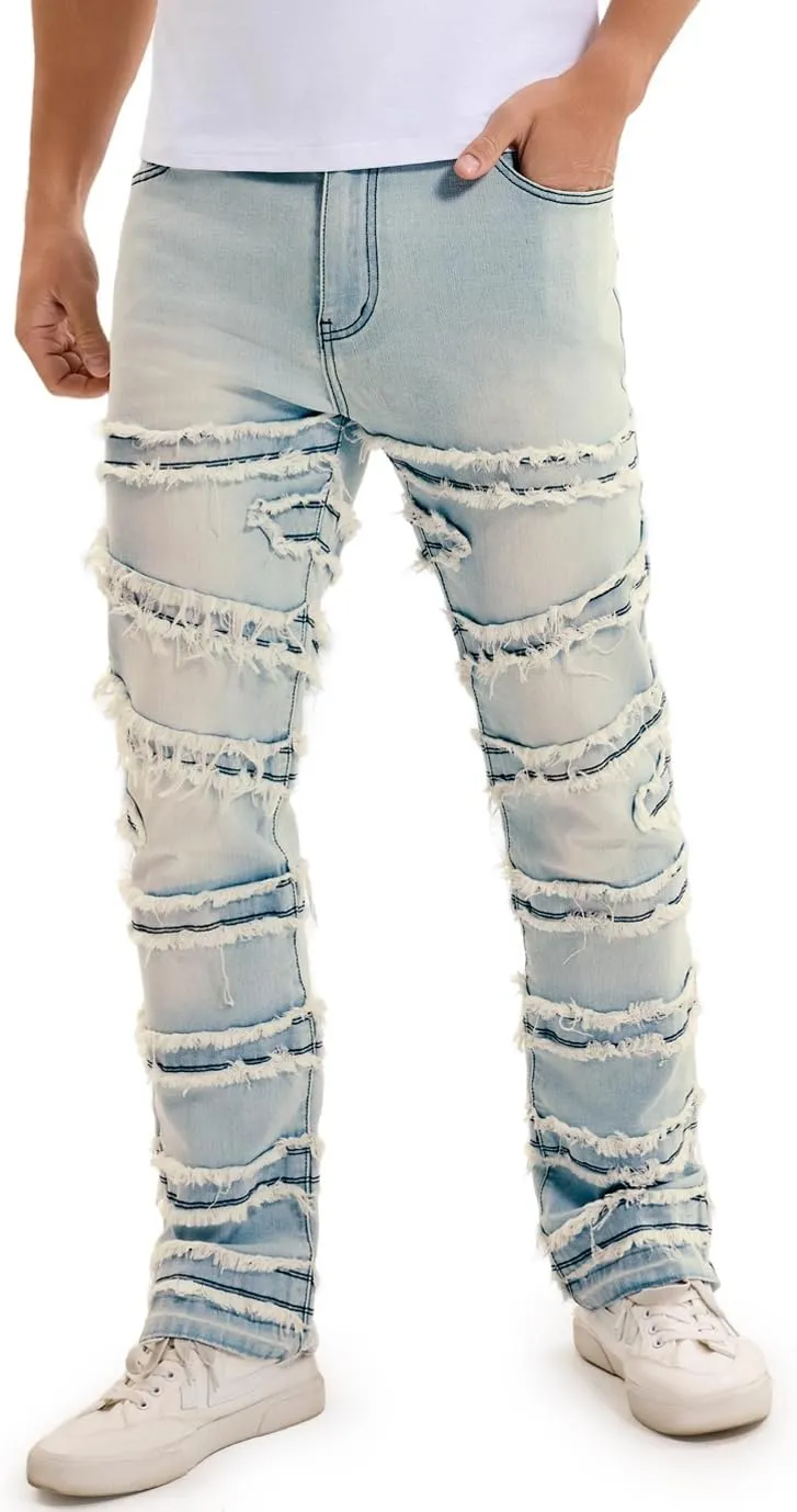 Mens Stacked Jeans Slim Fit Distressed Destroyed Ripped Stretch Flared Jeans for Men