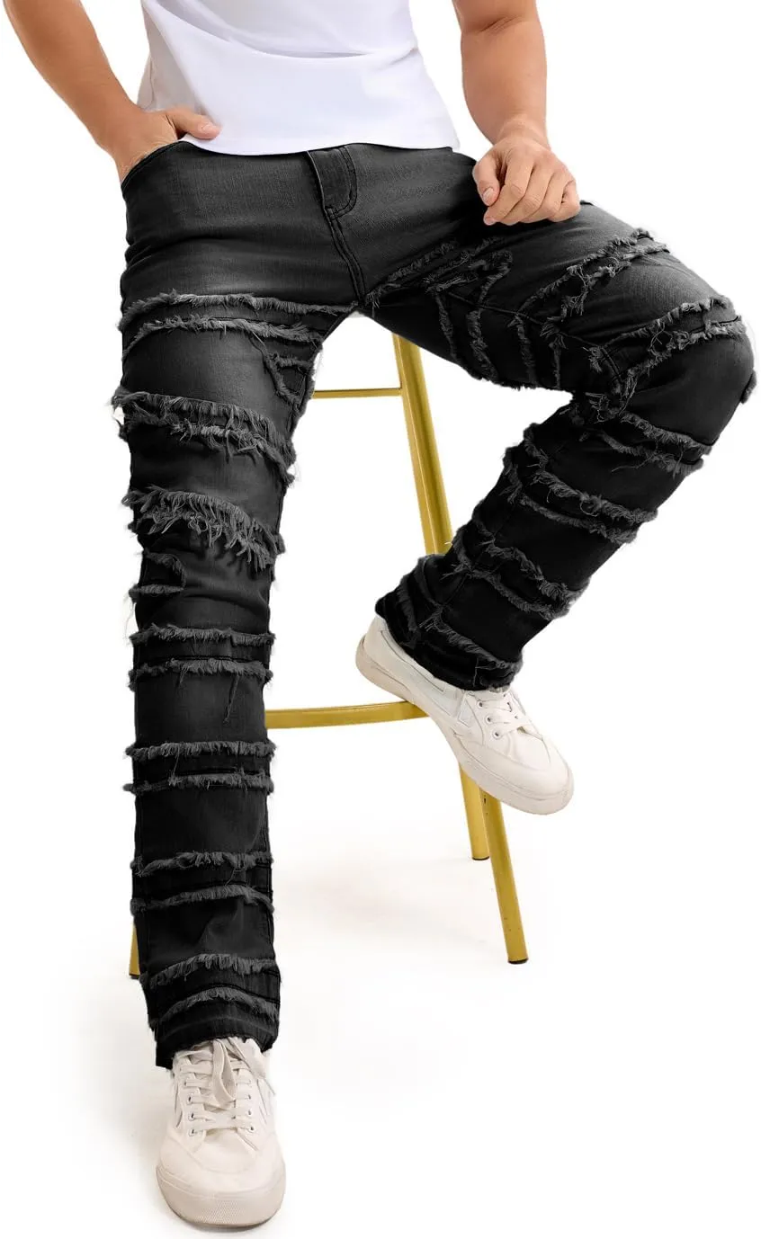 Mens Stacked Jeans Slim Fit Distressed Destroyed Ripped Stretch Flared Jeans for Men