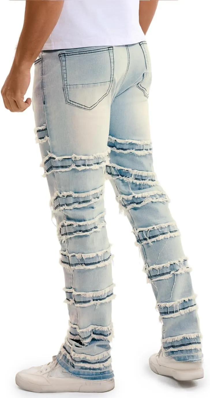 Mens Stacked Jeans Slim Fit Distressed Destroyed Ripped Stretch Flared Jeans for Men