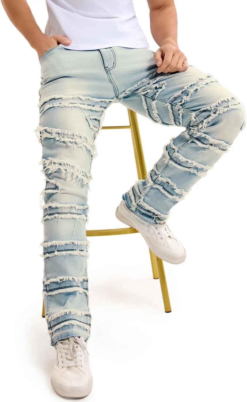Mens Stacked Jeans Slim Fit Distressed Destroyed Ripped Stretch Flared Jeans for Men