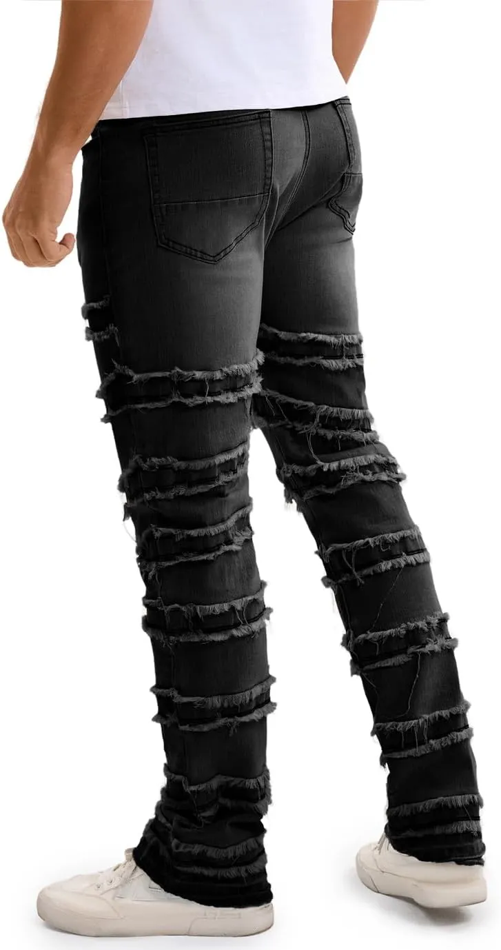 Mens Stacked Jeans Slim Fit Distressed Destroyed Ripped Stretch Flared Jeans for Men