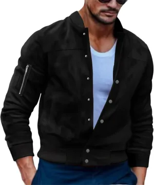 Mens Suede Bomber Jacket Lightweight Classic Fit Snap Button Down Varsity Coat Casual Spring Fall Windbreaker