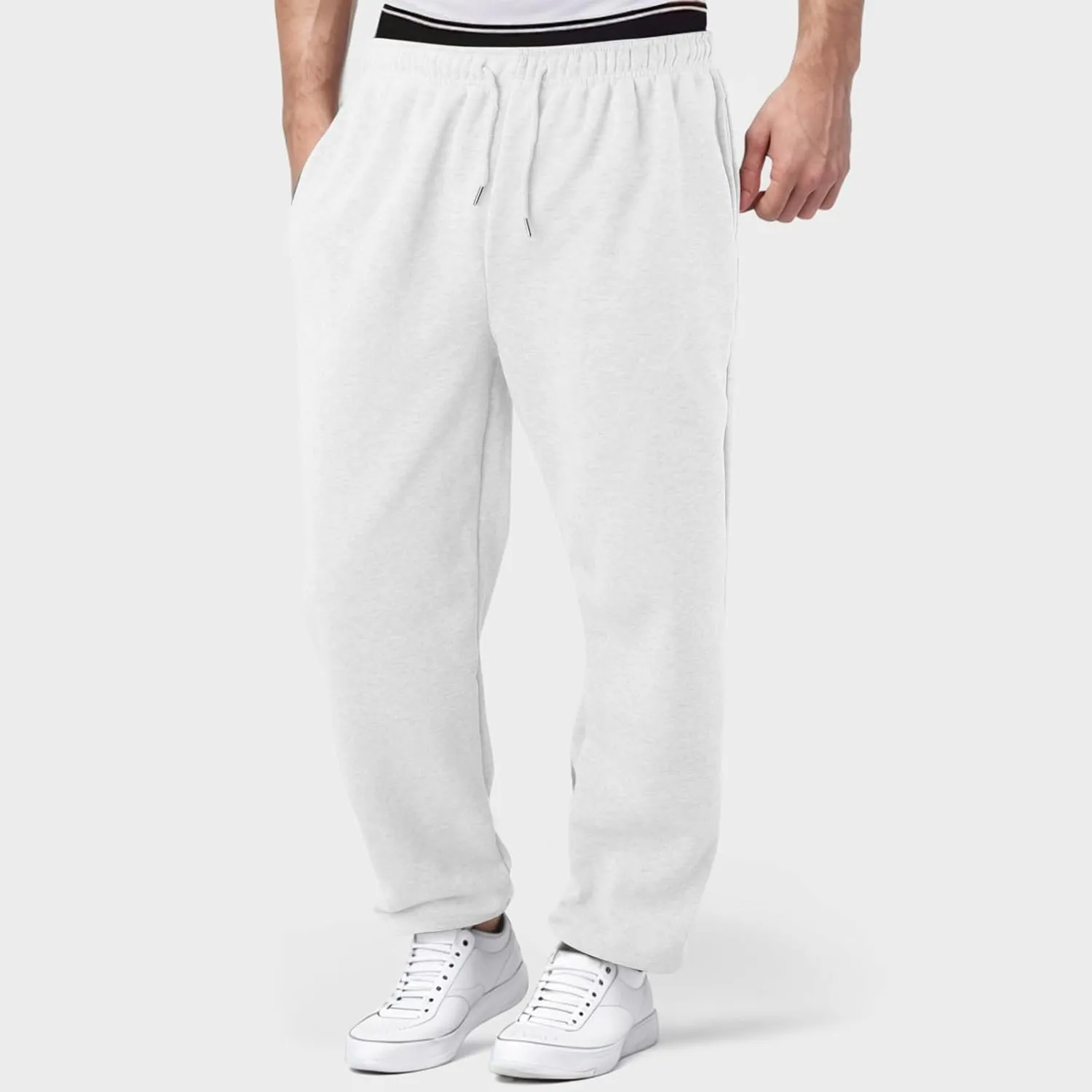 Mens Sweatpants Baggy Straight Wide Leg Open Bottom Casual Pants Elastic Waist Workout Athletic Joggers Pockets Sweat Pants