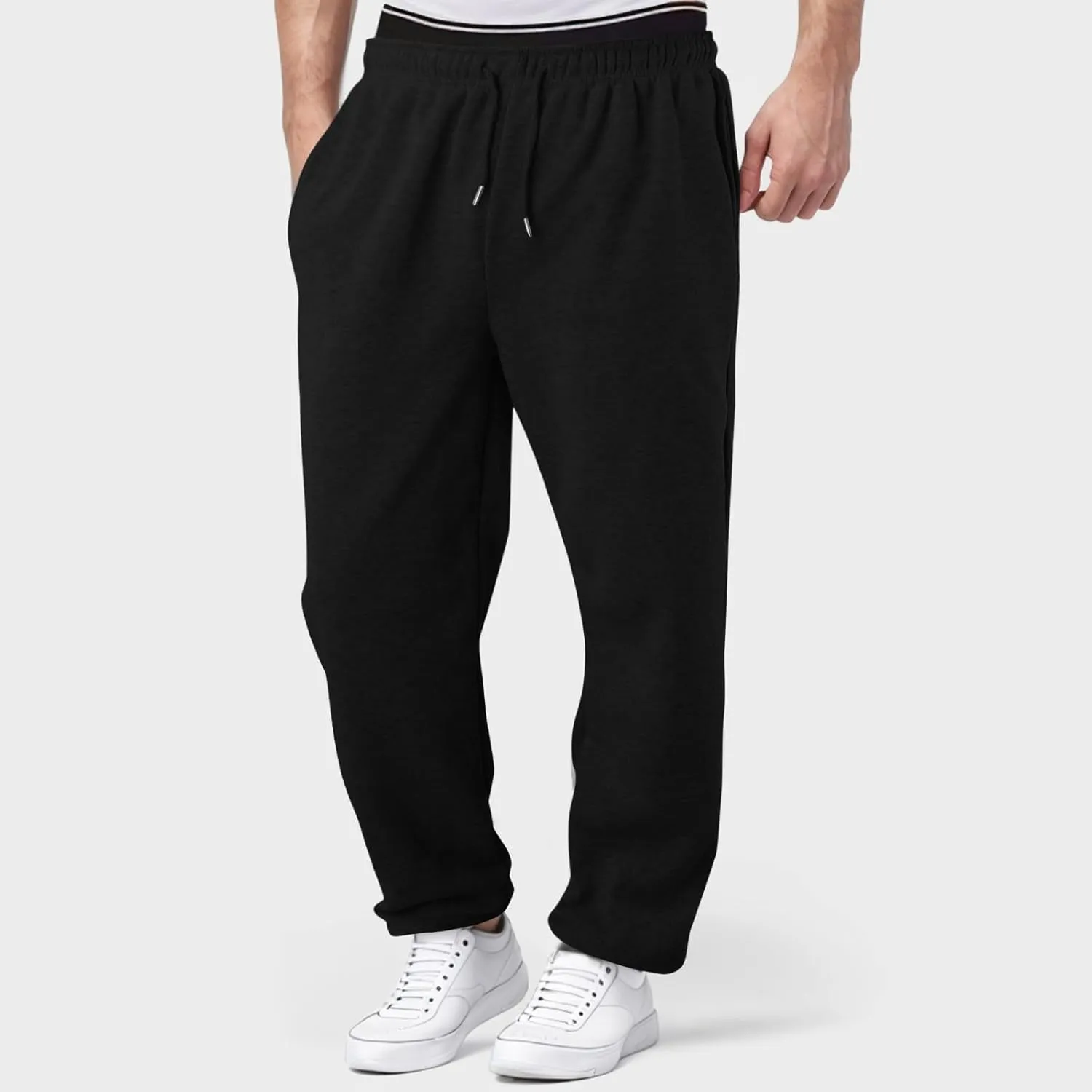 Mens Sweatpants Baggy Straight Wide Leg Open Bottom Casual Pants Elastic Waist Workout Athletic Joggers Pockets Sweat Pants