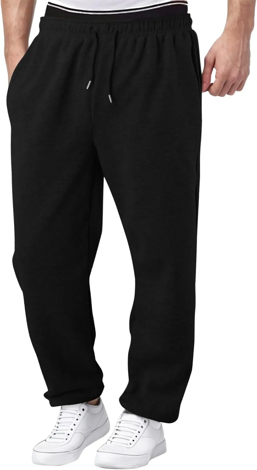 Mens Sweatpants Baggy Straight Wide Leg Open Bottom Casual Pants Elastic Waist Workout Athletic Joggers Pockets Sweat Pants