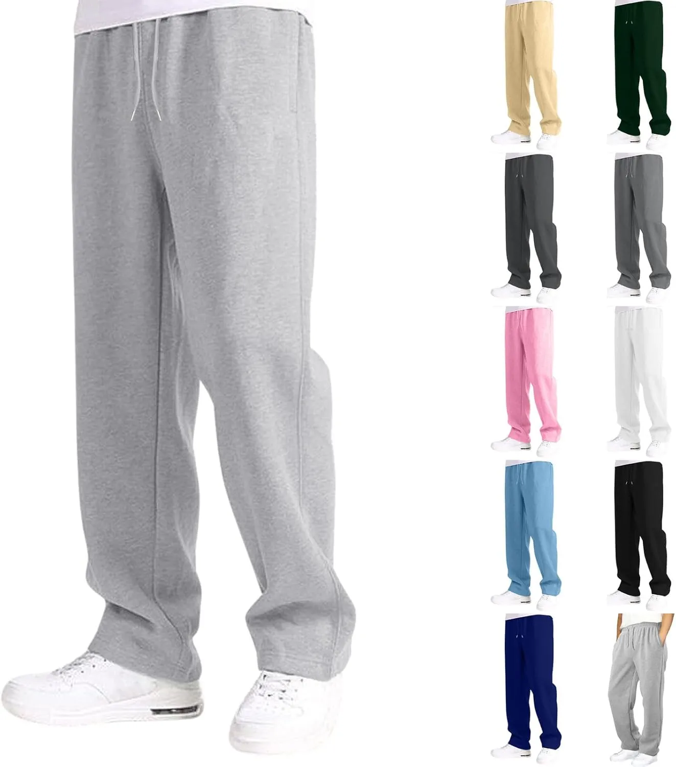 Mens Sweatpants Baggy Straight Wide Leg Open Bottom Casual Pants Elastic Waist Workout Athletic Joggers Pockets Sweat Pants