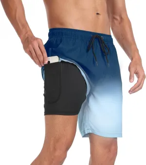 Mens Swim Trunks with Compression Liner 7 inch Inseam Quick Dry 2 in 1 Beach Board Shorts with Pockets S-3XL