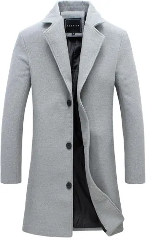 Mens Trench Coat Mid Length Wool Coat Big and Tall Winter Jacket Single Breasted Peacoat Lapel Cardigan Jacket