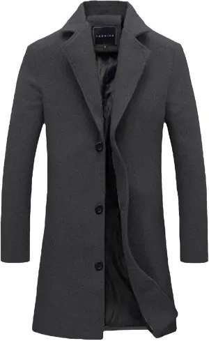 Mens Trench Coat Mid Length Wool Coat Big and Tall Winter Jacket Single Breasted Peacoat Lapel Cardigan Jacket