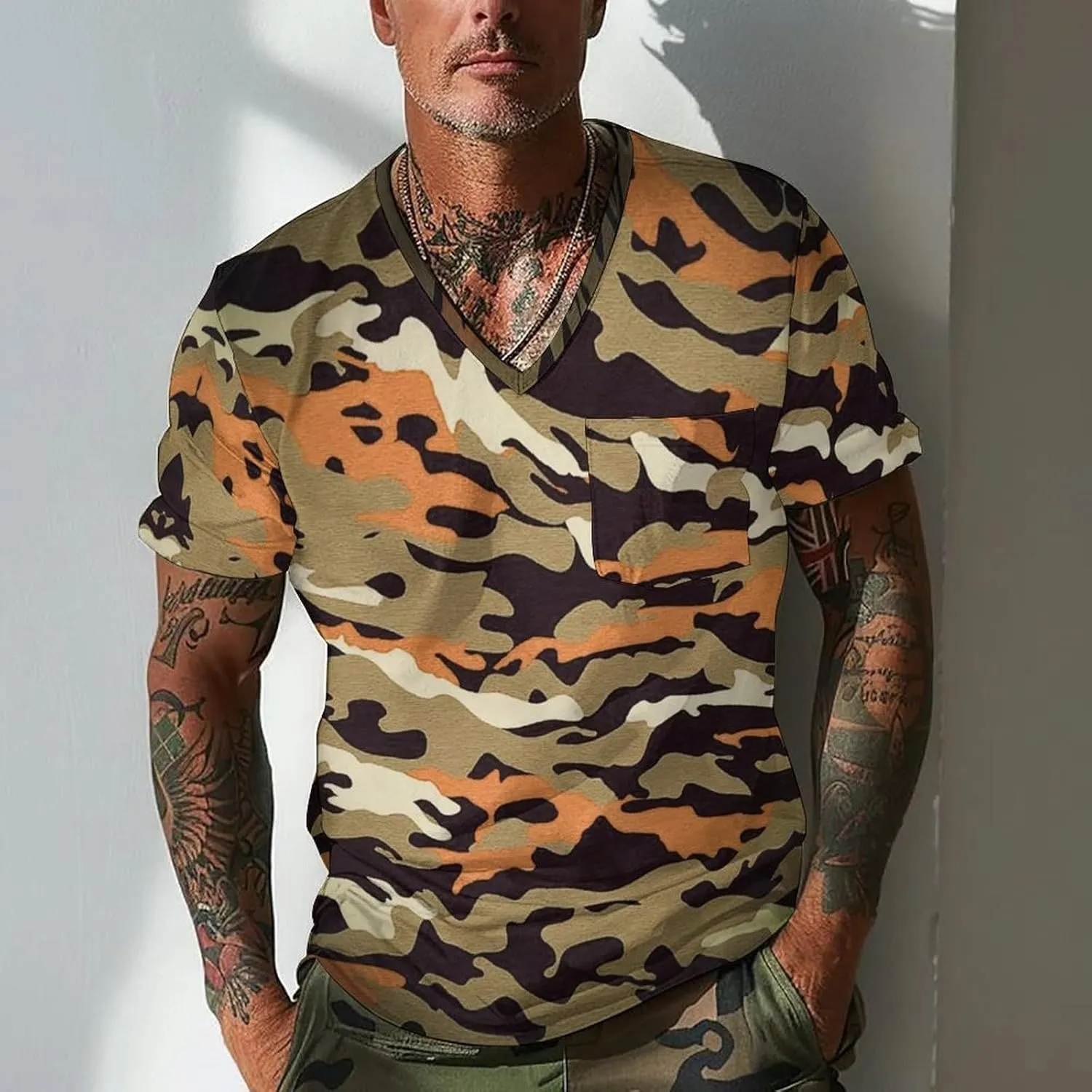 Mens V Neck Short Sleeve Camo Shirts Military Camouflage Performance Athletic T-Shirt Quick-Drying Casual Hunting Tee