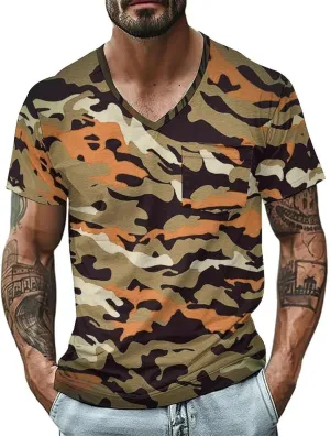 Mens V Neck Short Sleeve Camo Shirts Military Camouflage Performance Athletic T-Shirt Quick-Drying Casual Hunting Tee