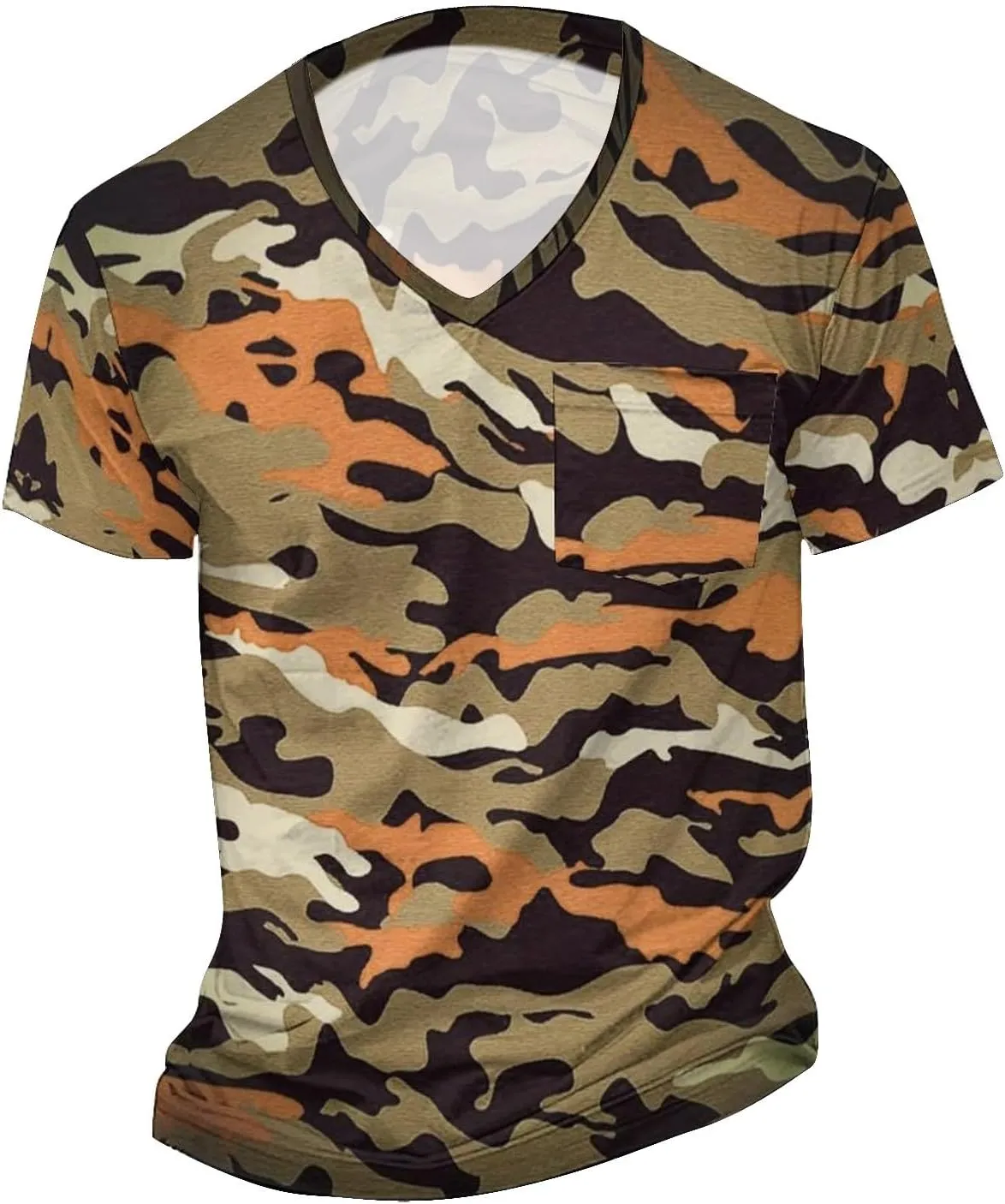 Mens V Neck Short Sleeve Camo Shirts Military Camouflage Performance Athletic T-Shirt Quick-Drying Casual Hunting Tee