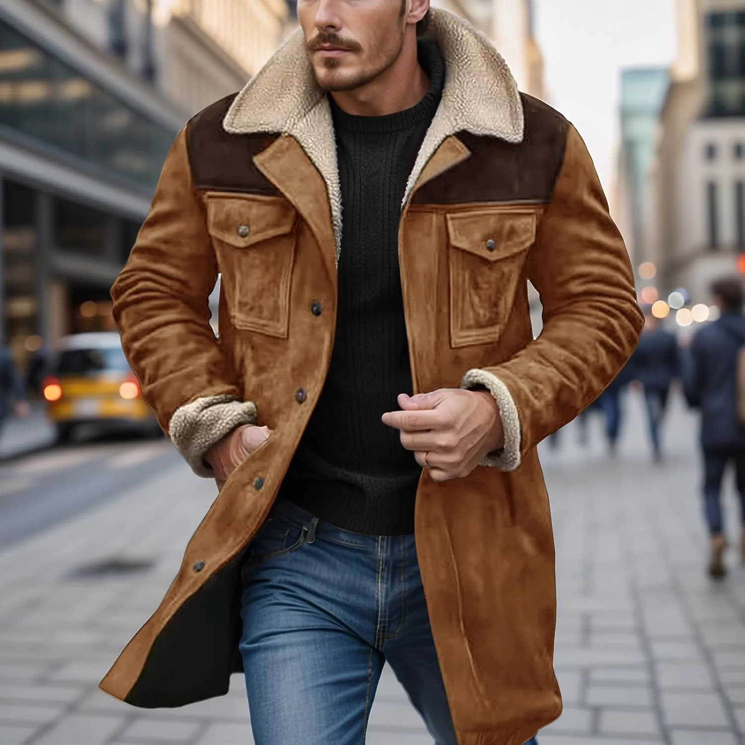 Men's Vintage Suede Jacket Faux Leather Jackets Plush Reversed Collar Coats Western Motorcycle Coat Retro Outwear