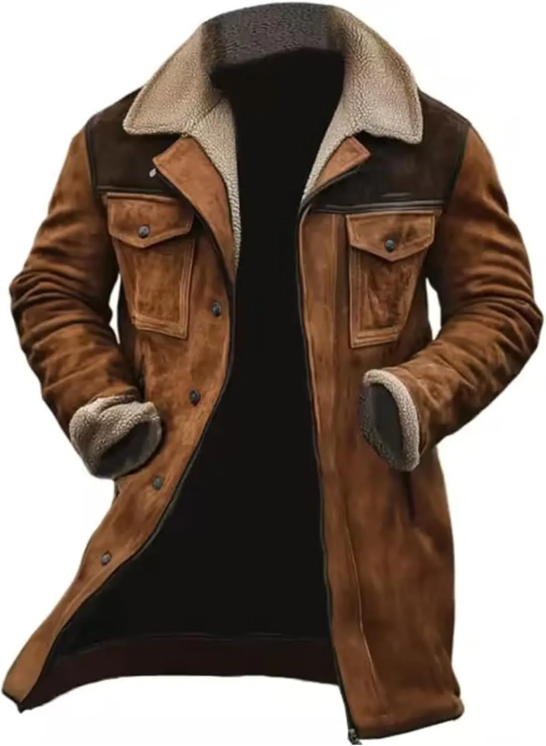 Men's Vintage Suede Jacket Faux Leather Jackets Plush Reversed Collar Coats Western Motorcycle Coat Retro Outwear