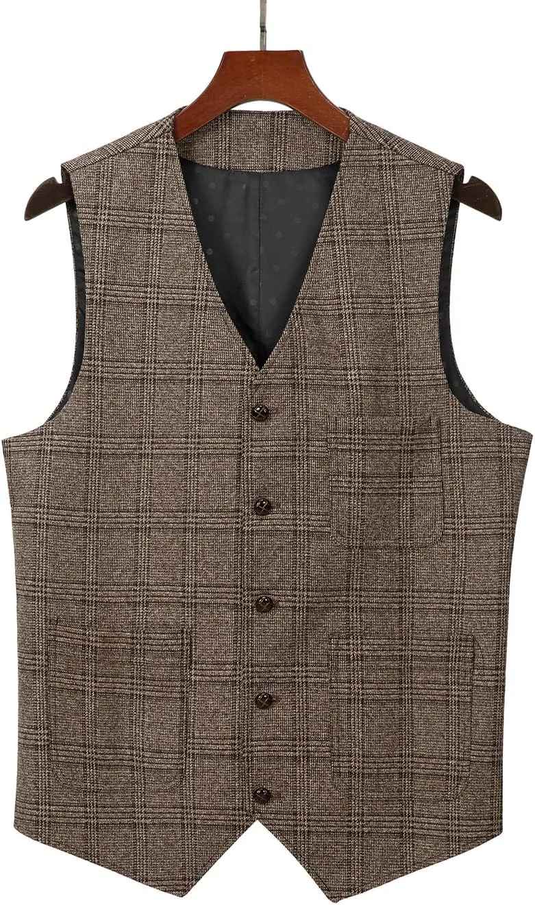 Mens Vintage Suit Vest Plaid Tweed Regular Fit Waistcoat for Wedding Groomsmen