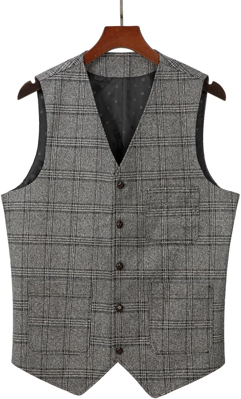 Mens Vintage Suit Vest Plaid Tweed Regular Fit Waistcoat for Wedding Groomsmen