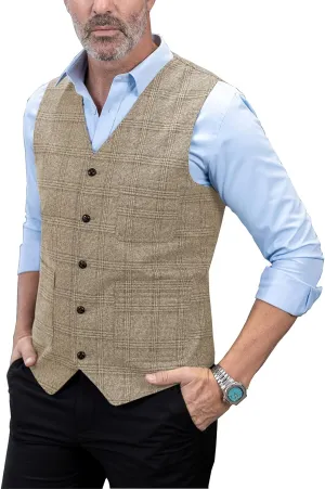 Mens Vintage Suit Vest Plaid Tweed Regular Fit Waistcoat for Wedding Groomsmen