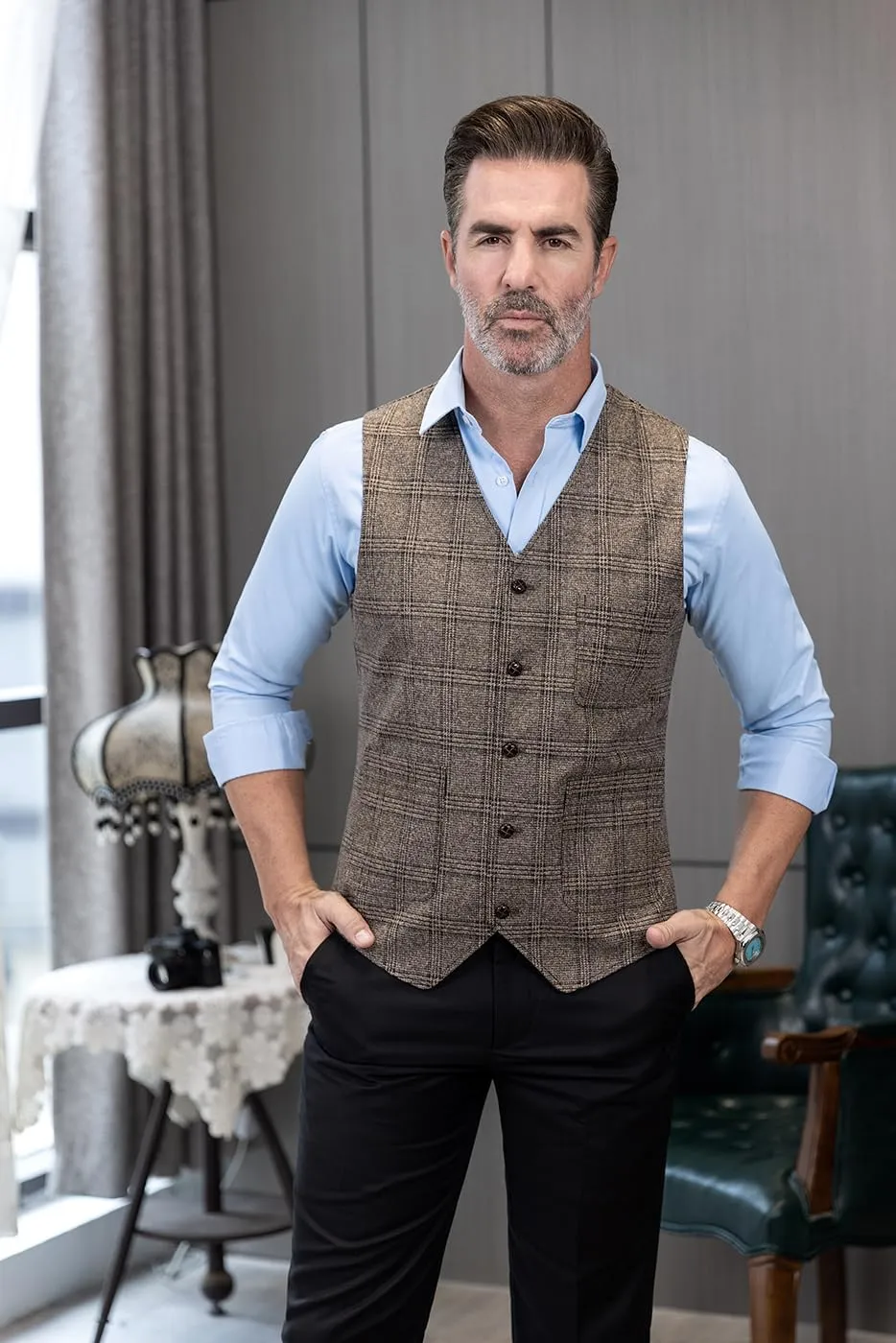Mens Vintage Suit Vest Plaid Tweed Regular Fit Waistcoat for Wedding Groomsmen