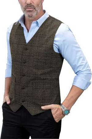 Mens Vintage Suit Vest Plaid Tweed Regular Fit Waistcoat for Wedding Groomsmen