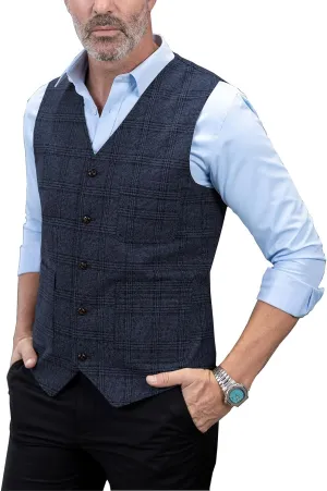 Mens Vintage Suit Vest Plaid Tweed Regular Fit Waistcoat for Wedding Groomsmen