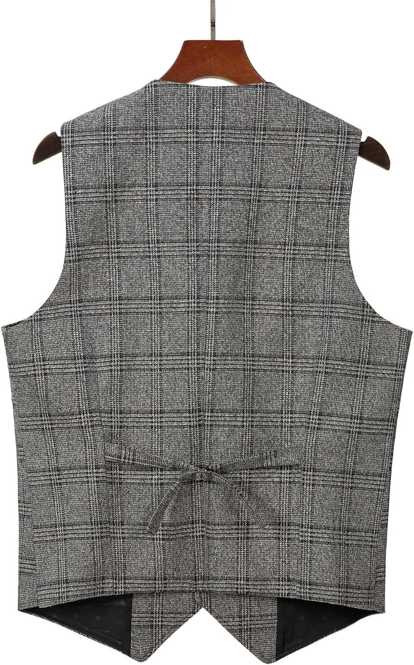 Mens Vintage Suit Vest Plaid Tweed Regular Fit Waistcoat for Wedding Groomsmen