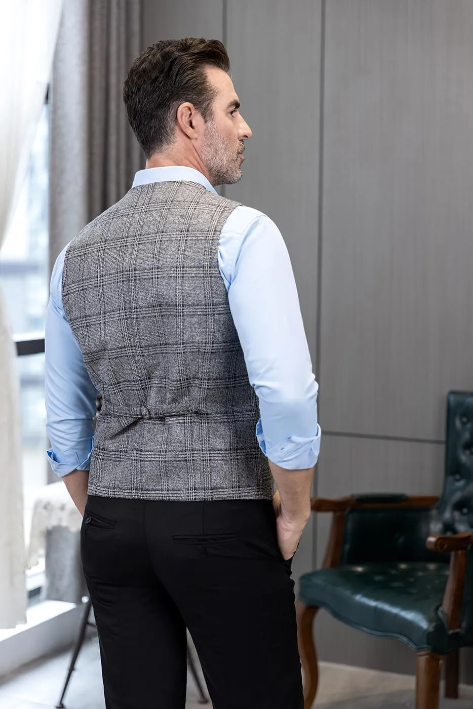 Mens Vintage Suit Vest Plaid Tweed Regular Fit Waistcoat for Wedding Groomsmen