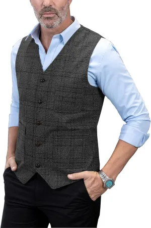 Mens Vintage Suit Vest Plaid Tweed Regular Fit Waistcoat for Wedding Groomsmen