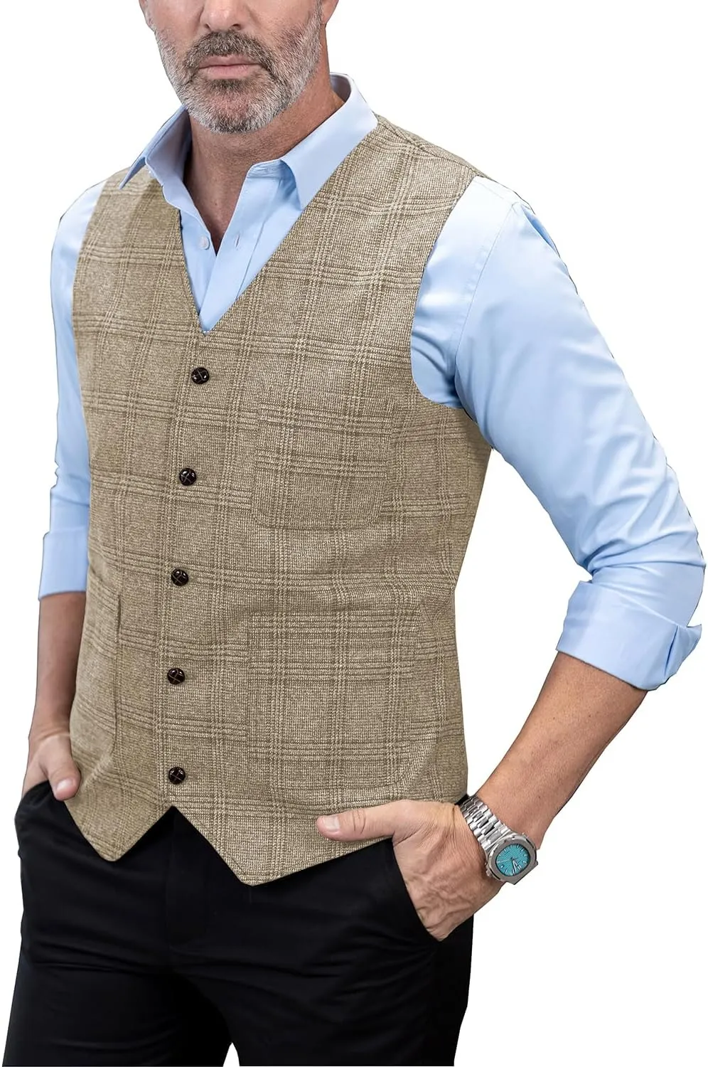 Mens Vintage Suit Vest Plaid Tweed Regular Fit Waistcoat for Wedding Groomsmen