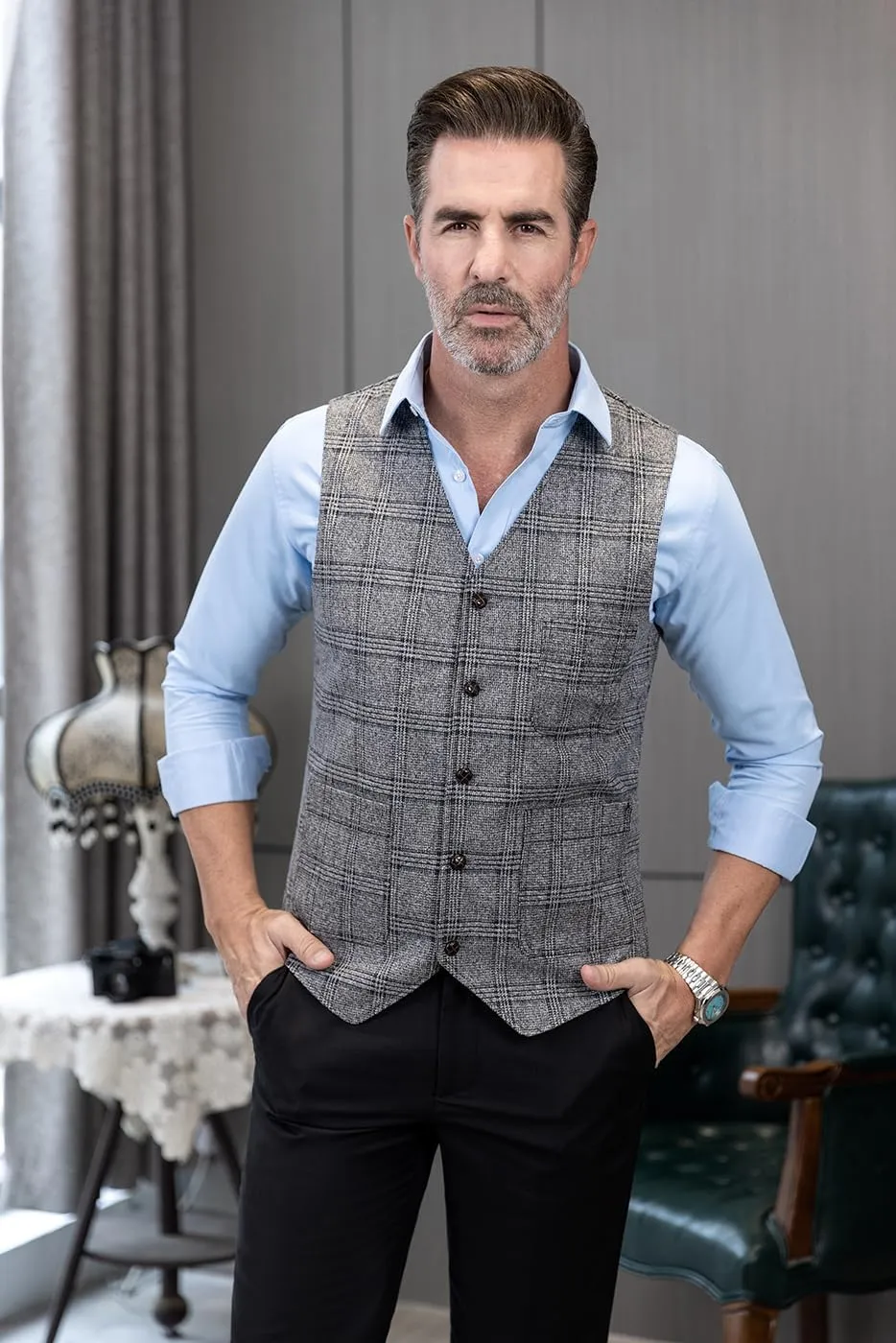Mens Vintage Suit Vest Plaid Tweed Regular Fit Waistcoat for Wedding Groomsmen