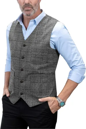 Mens Vintage Suit Vest Plaid Tweed Regular Fit Waistcoat for Wedding Groomsmen