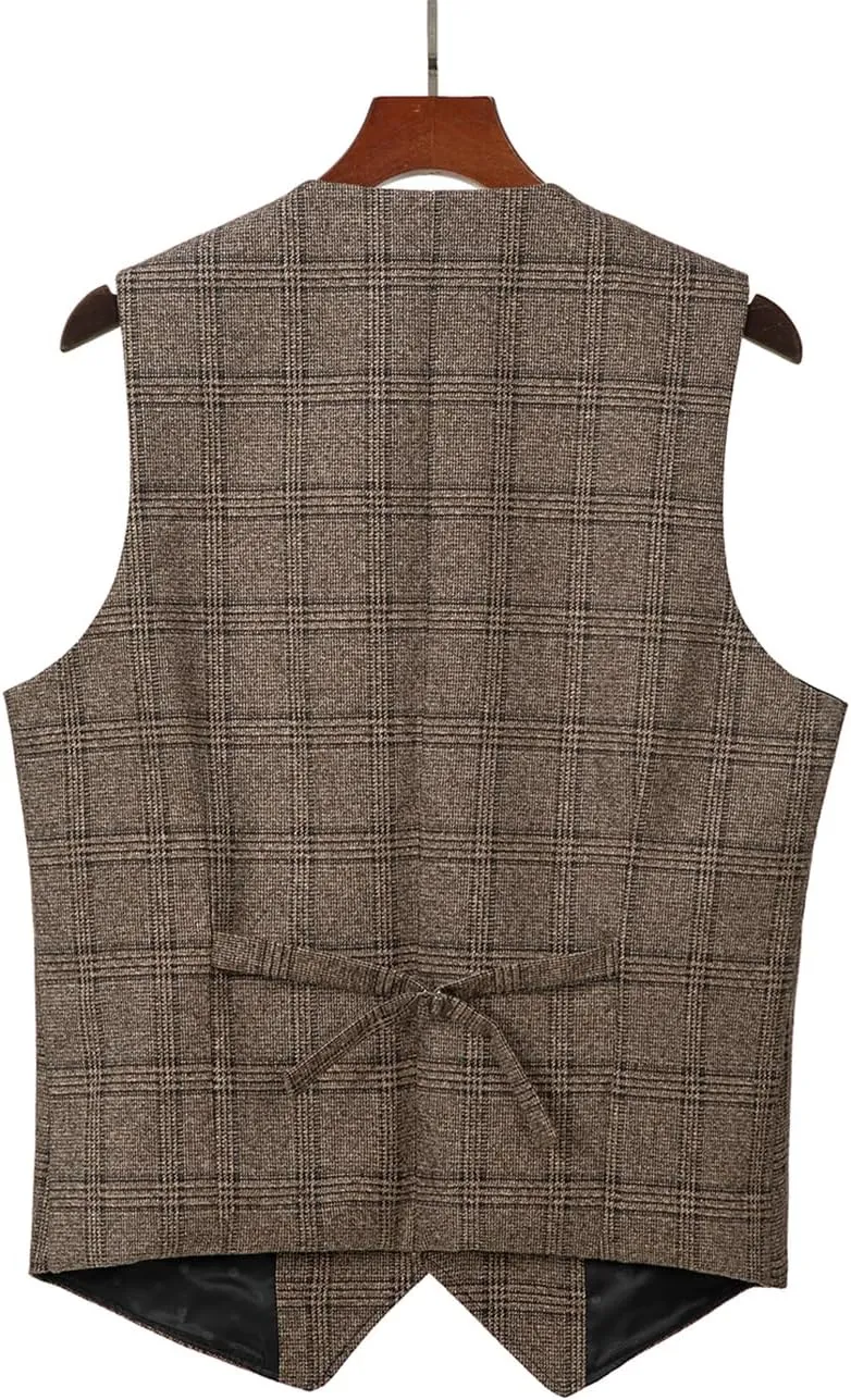 Mens Vintage Suit Vest Plaid Tweed Regular Fit Waistcoat for Wedding Groomsmen