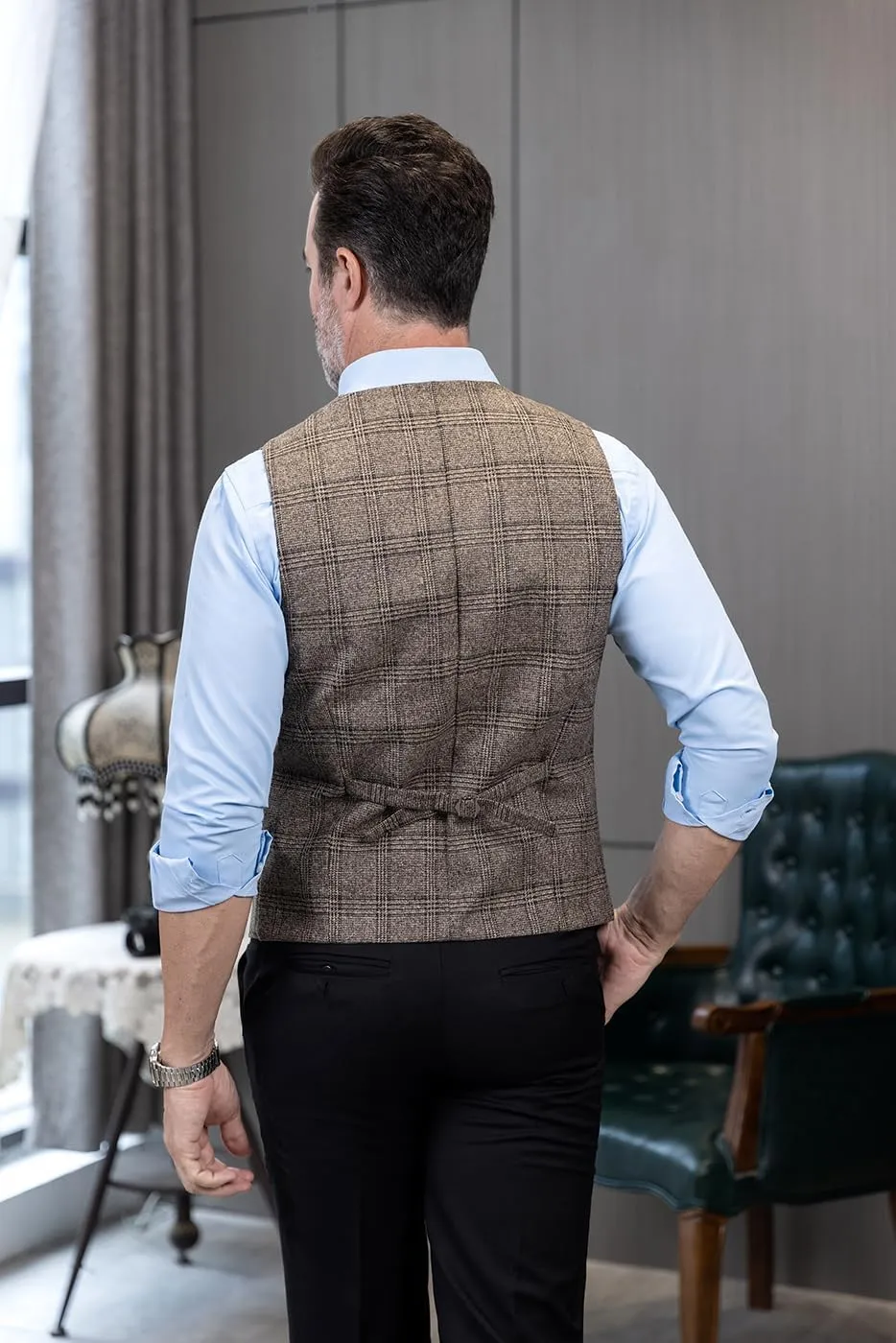 Mens Vintage Suit Vest Plaid Tweed Regular Fit Waistcoat for Wedding Groomsmen