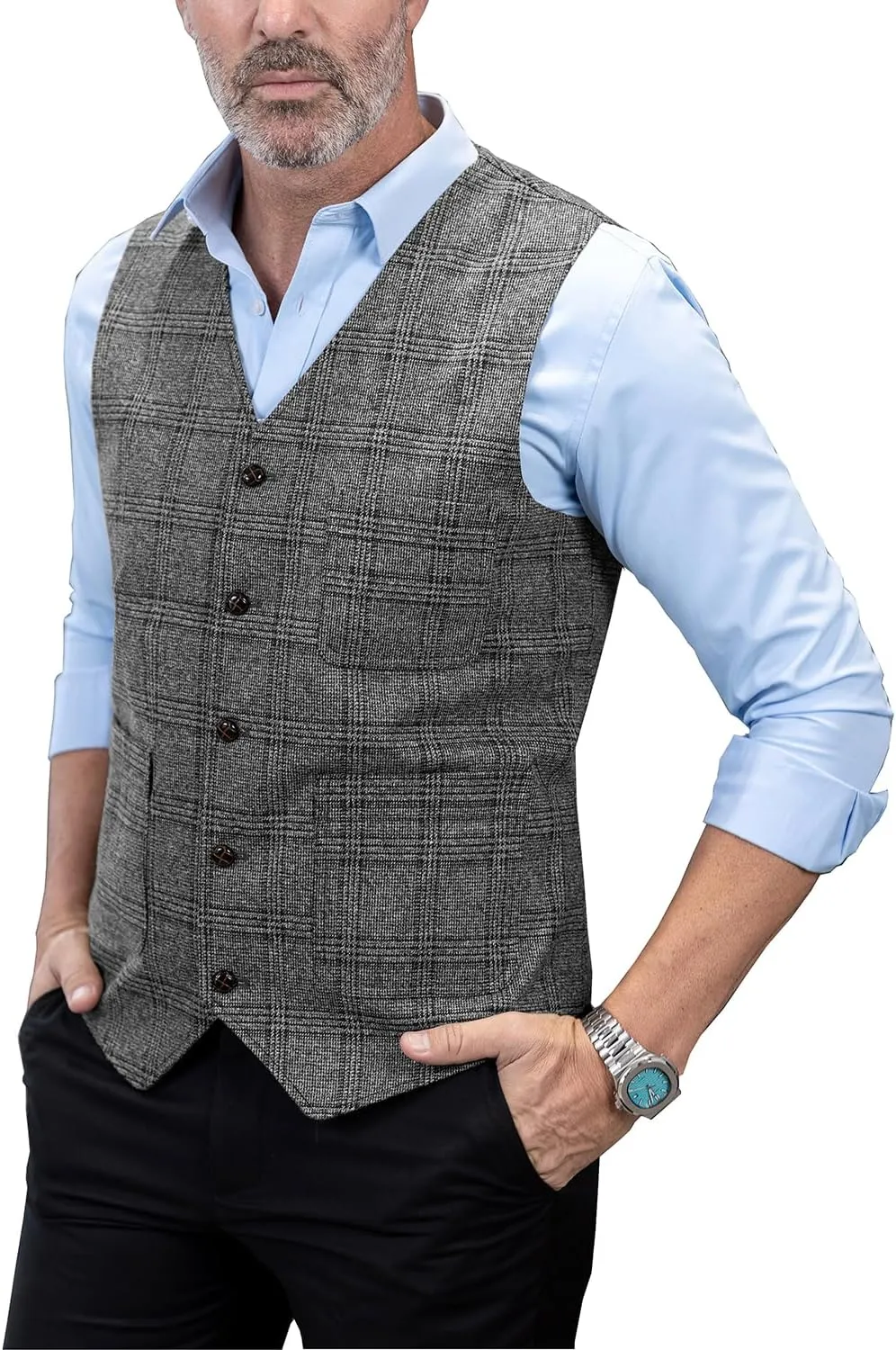 Mens Vintage Suit Vest Plaid Tweed Regular Fit Waistcoat for Wedding Groomsmen