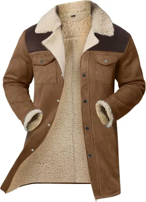 Mens Western Cowboy Jacket Distressed Suede Long Trench Coats Zip Up Sherpa Collar Faux Leather Outdoor Jacket