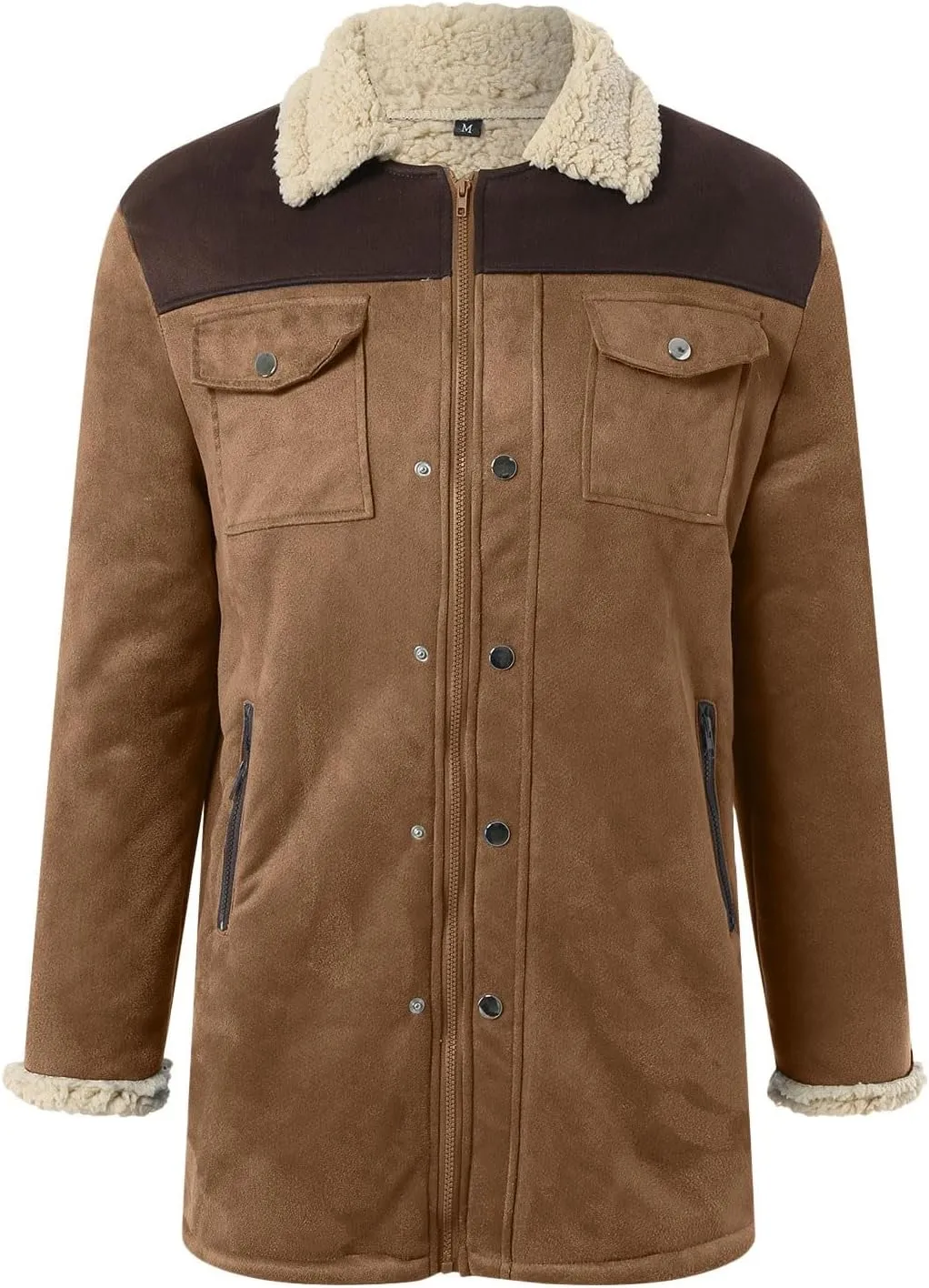 Mens Western Cowboy Jacket Distressed Suede Long Trench Coats Zip Up Sherpa Collar Faux Leather Outdoor Jacket