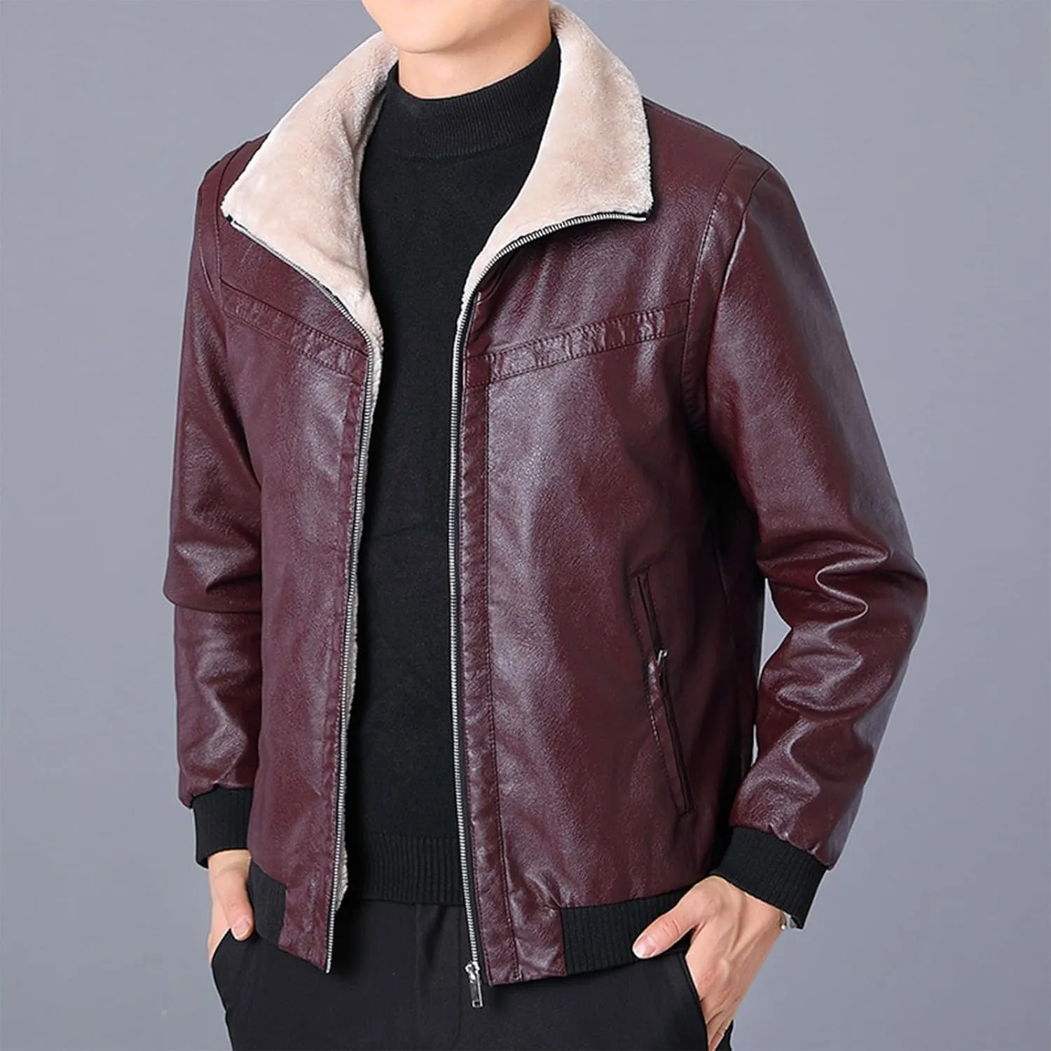 Men's Winter Warm Leather Jacket Fleece Lined Motorcycle Biker Coats