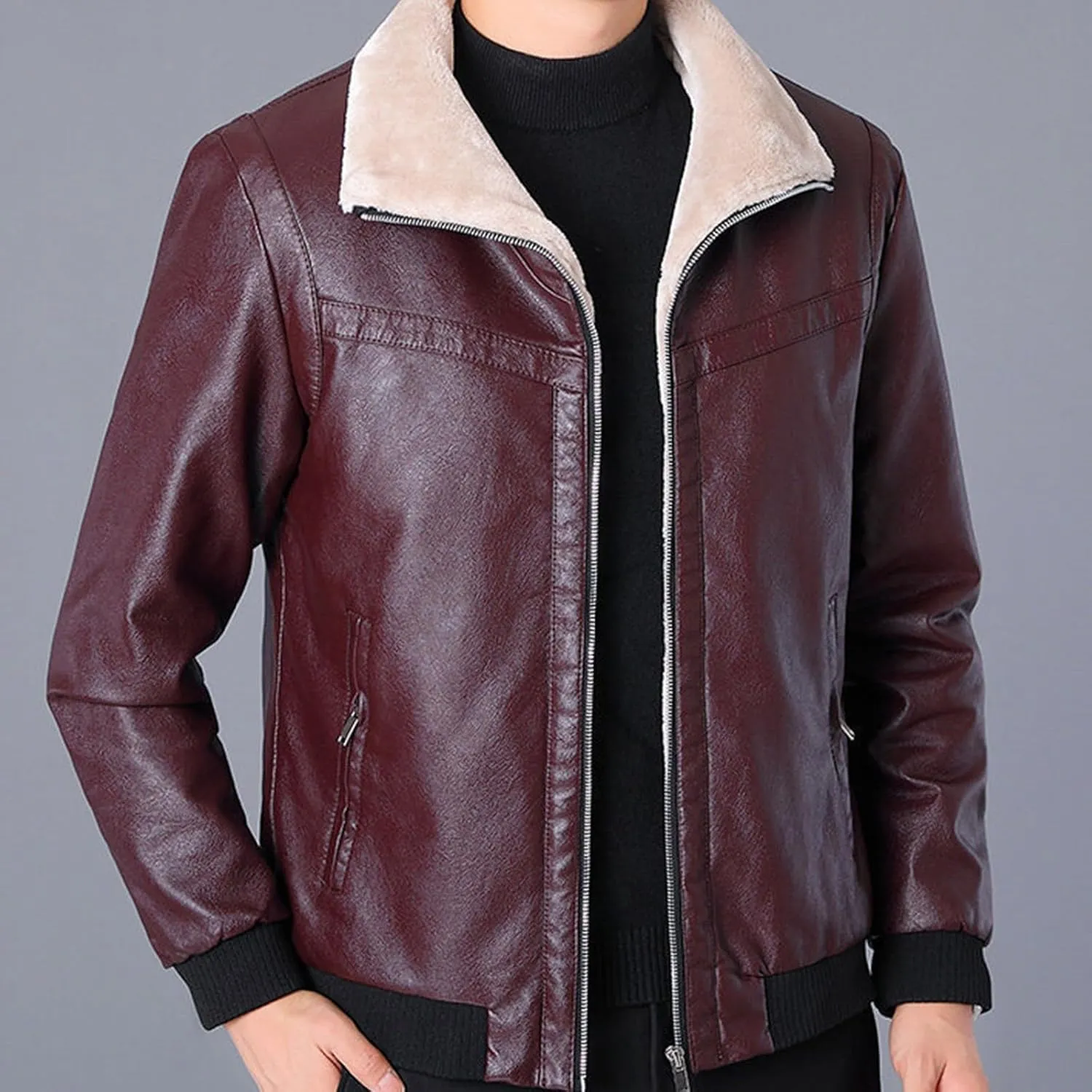 Men's Winter Warm Leather Jacket Fleece Lined Motorcycle Biker Coats
