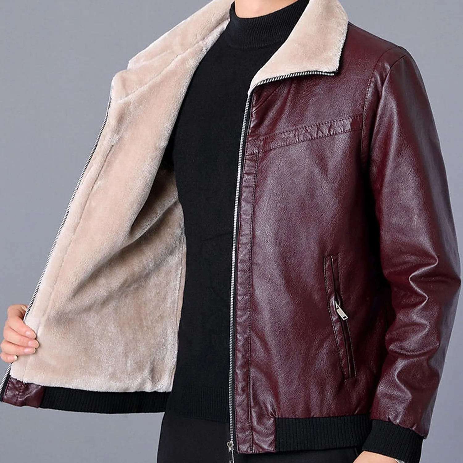 Men's Winter Warm Leather Jacket Fleece Lined Motorcycle Biker Coats